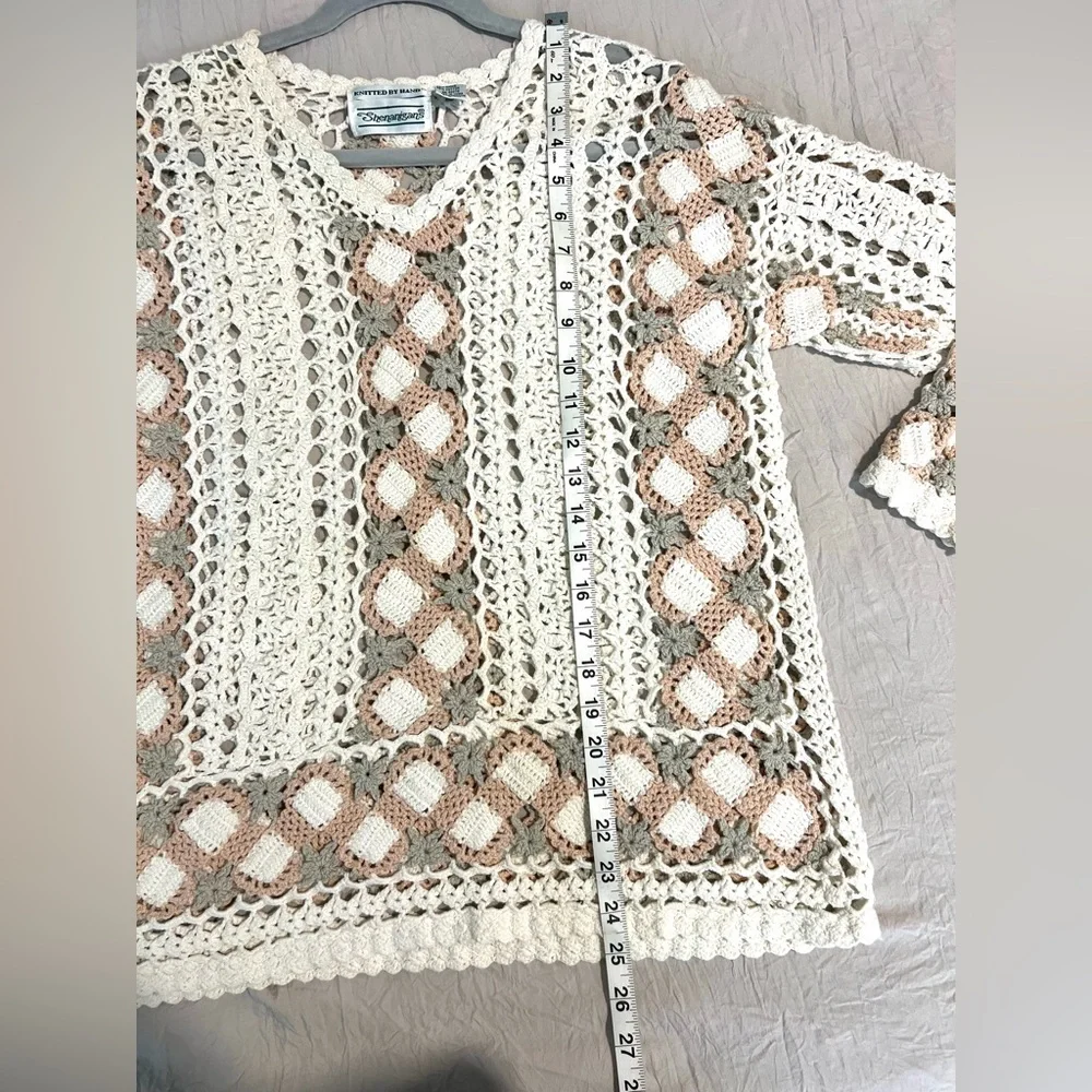 Shenanigans Crochet Top Sweater 3/4 Sleeves Boho Ramie Cotton SZ M EUC